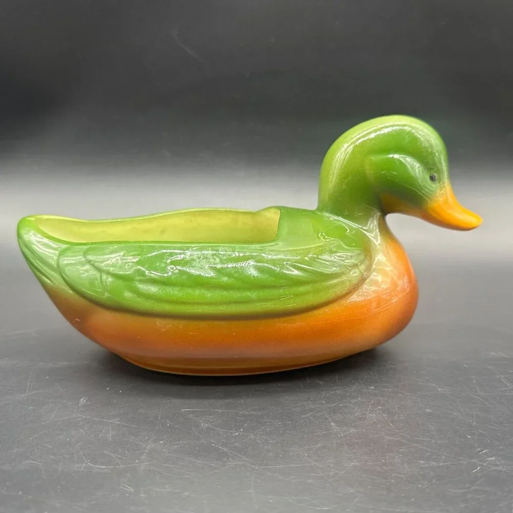 Vintage Duck Planter Catch All Caddy Green Brown Lodge Cabin Decor Ceramic Retro